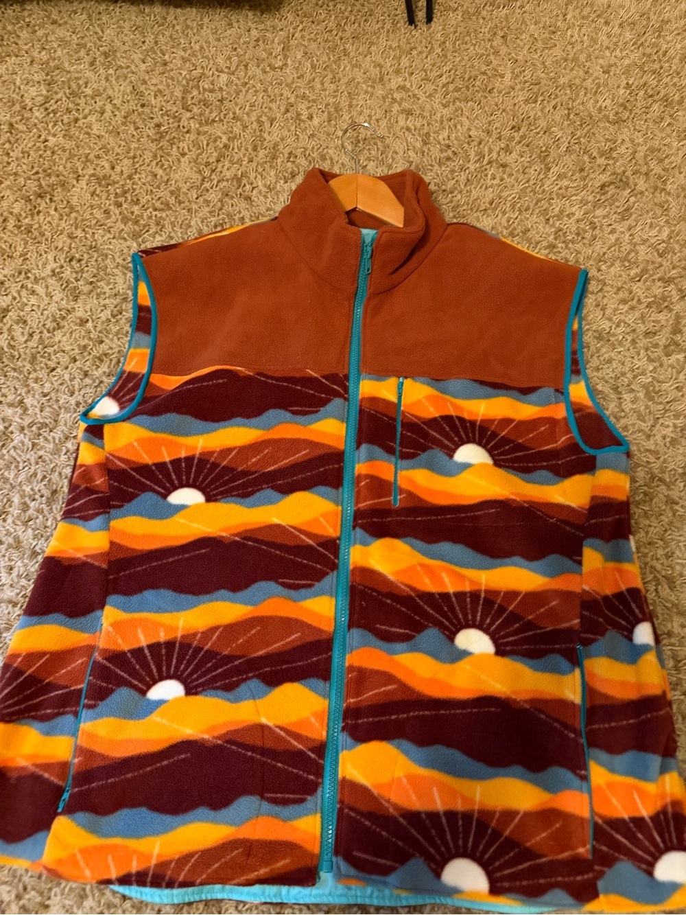 Sunset Mountain Fleece Vest Zip Pocket Retro Boho Outdoor M/L Mens - Picture 9 of 9